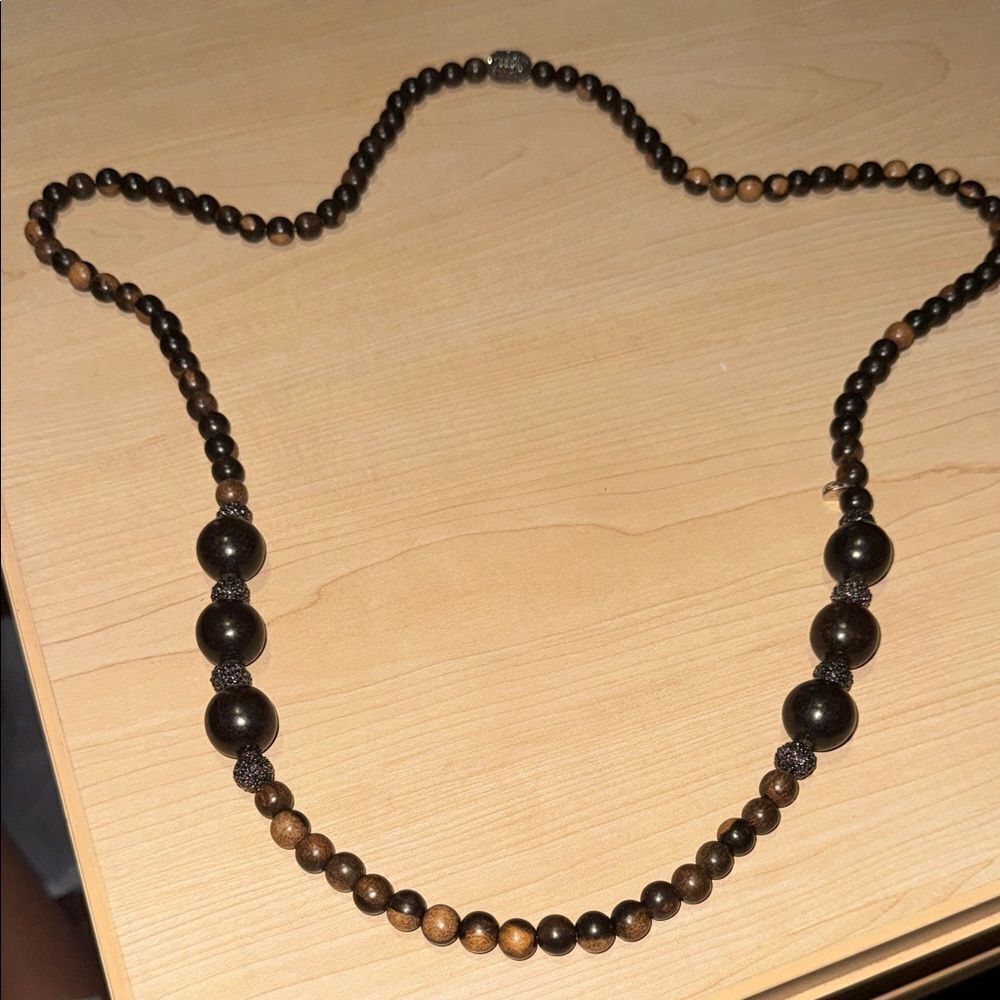 Hand Beaded Wooden VINTAGE Necklace - Long Necklace Rhinestone Beads Never Worn